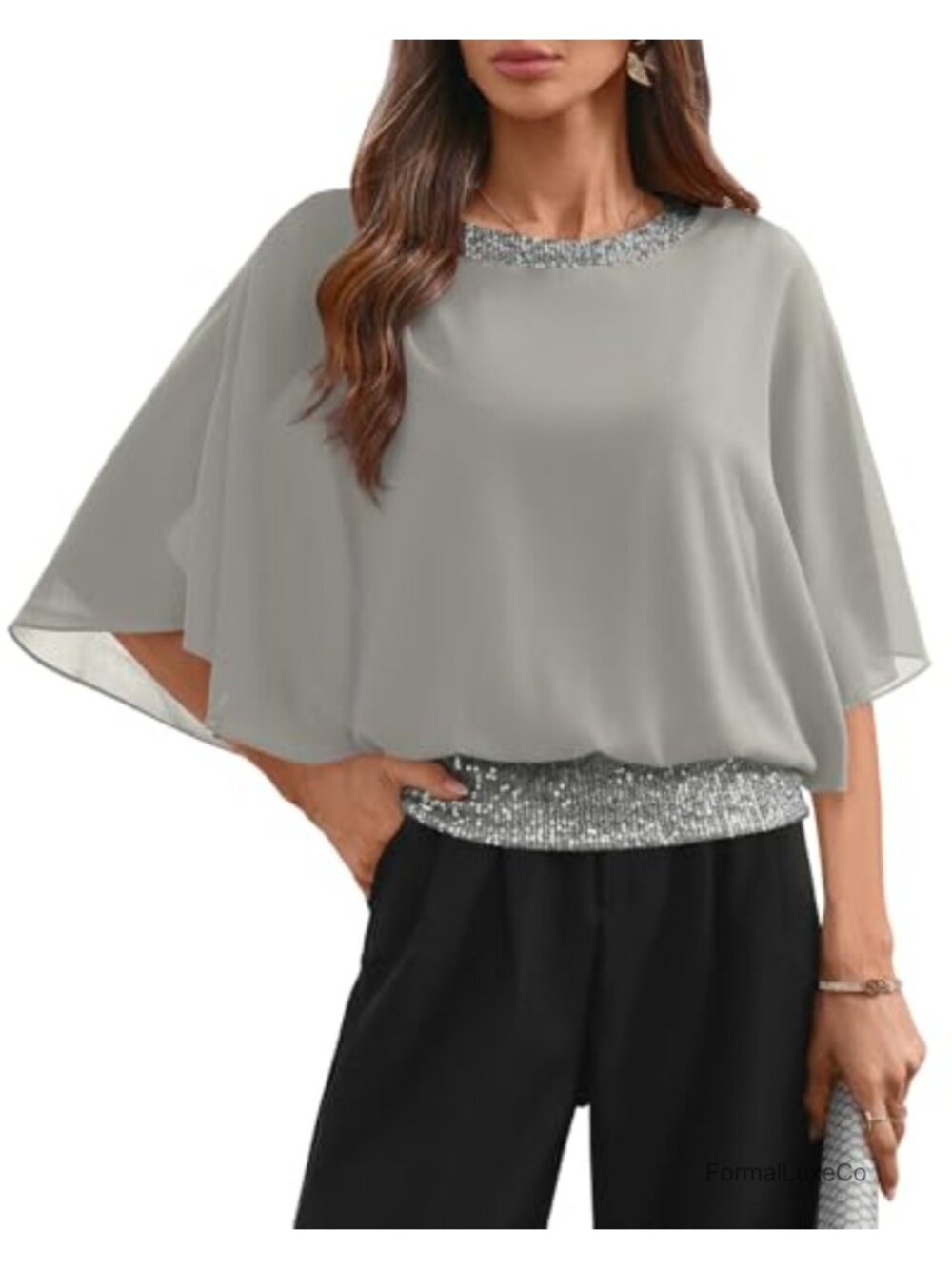 Women's Sequin Tunic Top Long Batwing Sleeve Chiffon Wedding Guest Shirt
